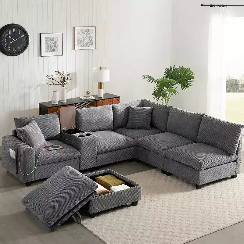 Divano sezionale a U da 142", beige/grigio scuro, ciniglia, 6 posti