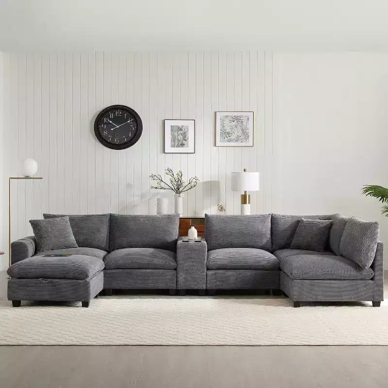 Divano sezionale a U da 142", beige/grigio scuro, ciniglia, 6 posti