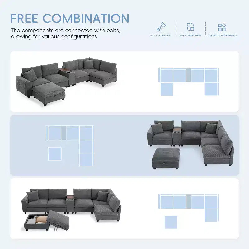 Divano sezionale a U da 142", beige/grigio scuro, ciniglia, 6 posti