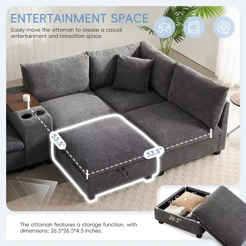 Divano sezionale a U da 142", beige/grigio scuro, ciniglia, 6 posti