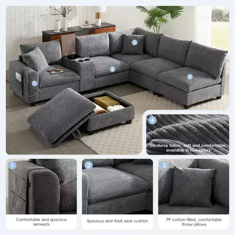 Divano sezionale a U da 142", beige/grigio scuro, ciniglia, 6 posti