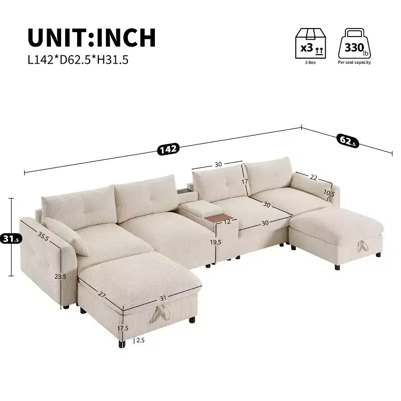 142'' U-Shaped Sectional Sofa, Beige/Dark Gray, Chenille, 6-Seater