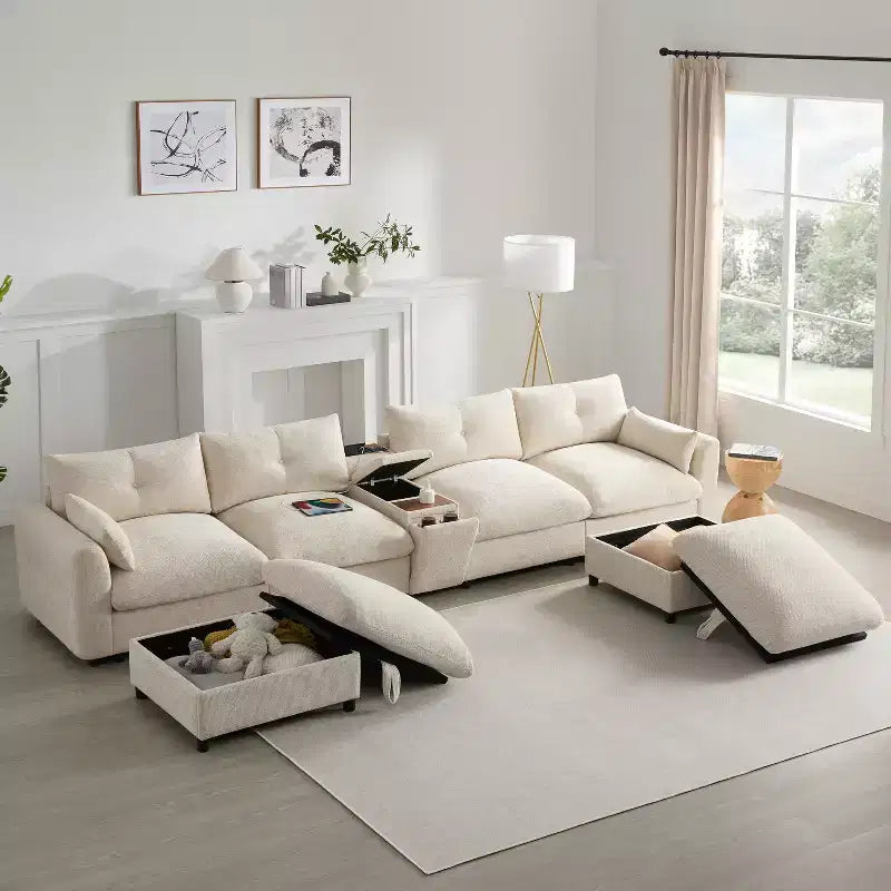 142'' U-Shaped Sectional Sofa, Beige/Dark Gray, Chenille, 6-Seater
