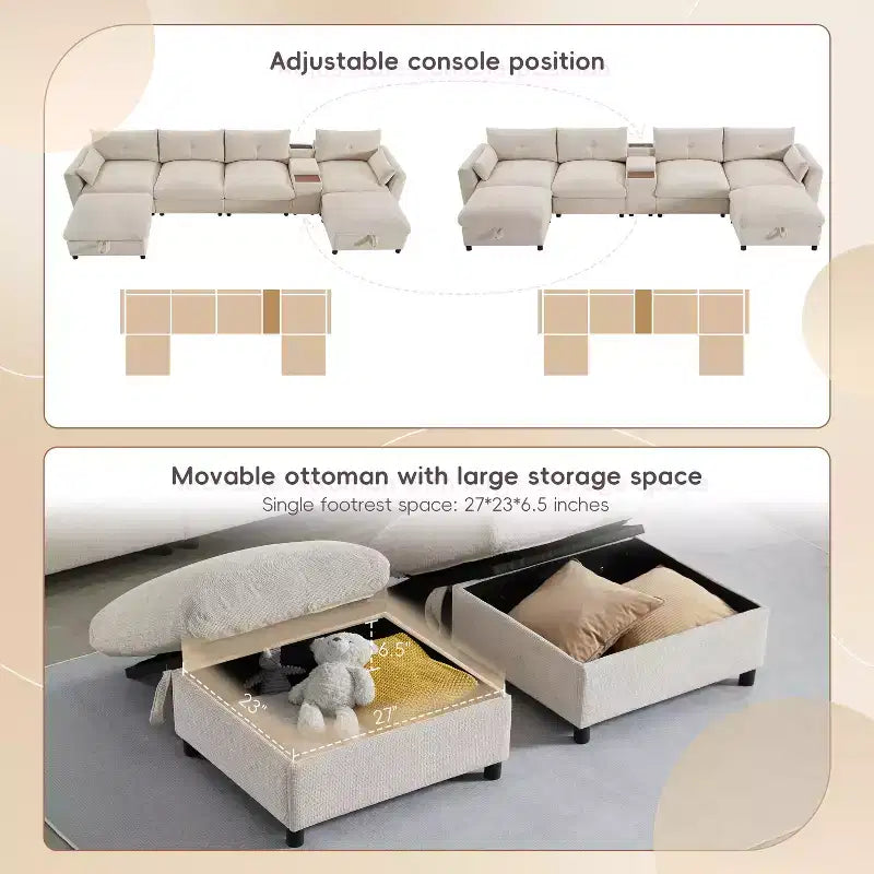 Divano sezionale a U da 142", beige/grigio scuro, ciniglia, 6 posti