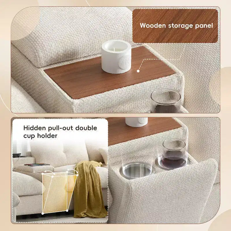 Divano sezionale a U da 142", beige/grigio scuro, ciniglia, 6 posti