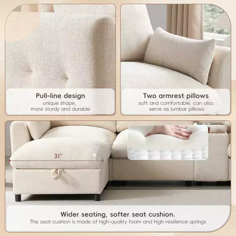 Divano sezionale a U da 142", beige/grigio scuro, ciniglia, 6 posti