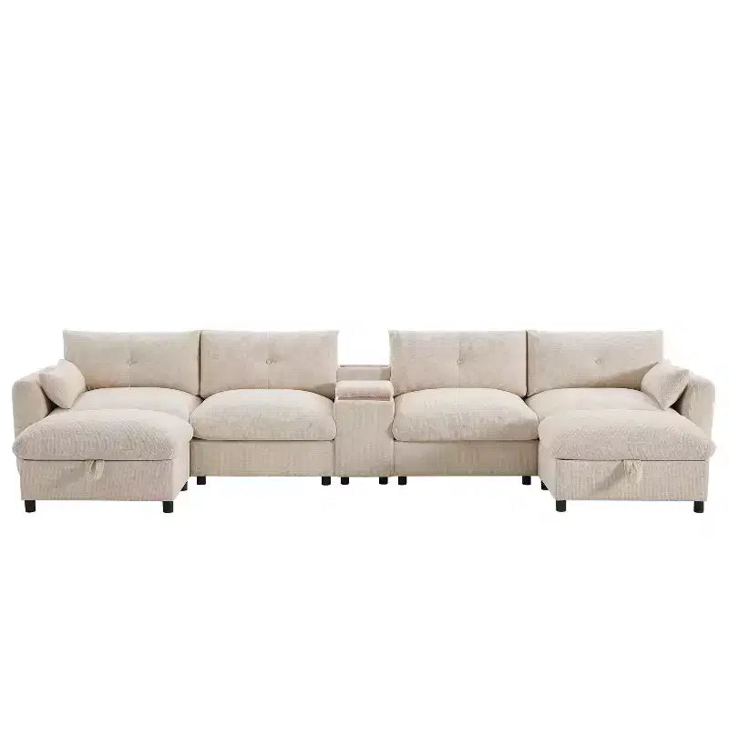 Divano sezionale a U da 142", beige/grigio scuro, ciniglia, 6 posti