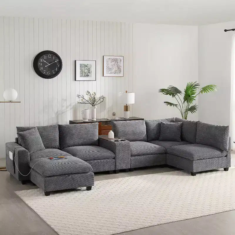 142'' U-Shaped Sectional Sofa, Beige/Dark Gray, Chenille, 6-Seater