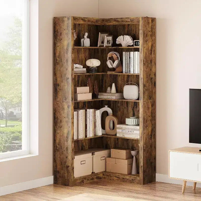 Libreria angolare a 5 ripiani a L Nera/Bianca/Legno, stile rustico, Uso singolo