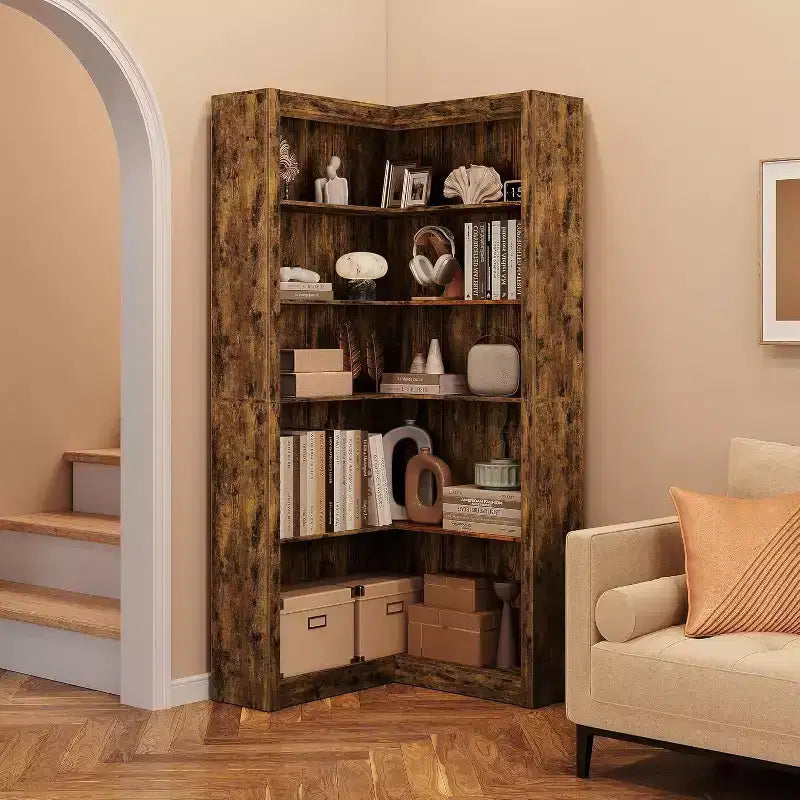 Libreria angolare a 5 ripiani a L Nera/Bianca/Legno, stile rustico, Uso singolo