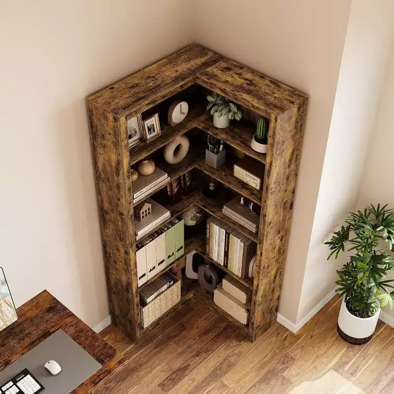 Libreria angolare a 5 ripiani a L Nera/Bianca/Legno, stile rustico, Uso singolo