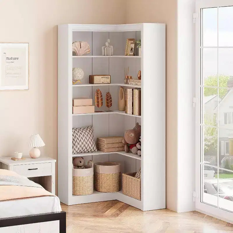 Libreria angolare a 5 ripiani a L Nera/Bianca/Legno, stile rustico, Uso singolo