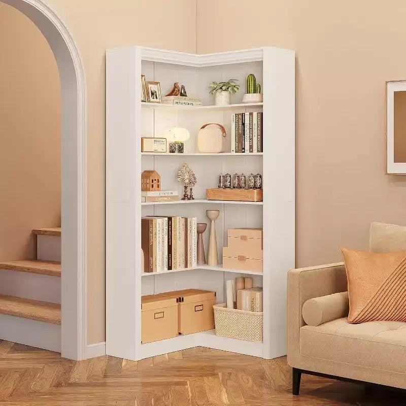 Libreria angolare a 5 ripiani a L Nera/Bianca/Legno, stile rustico, Uso singolo