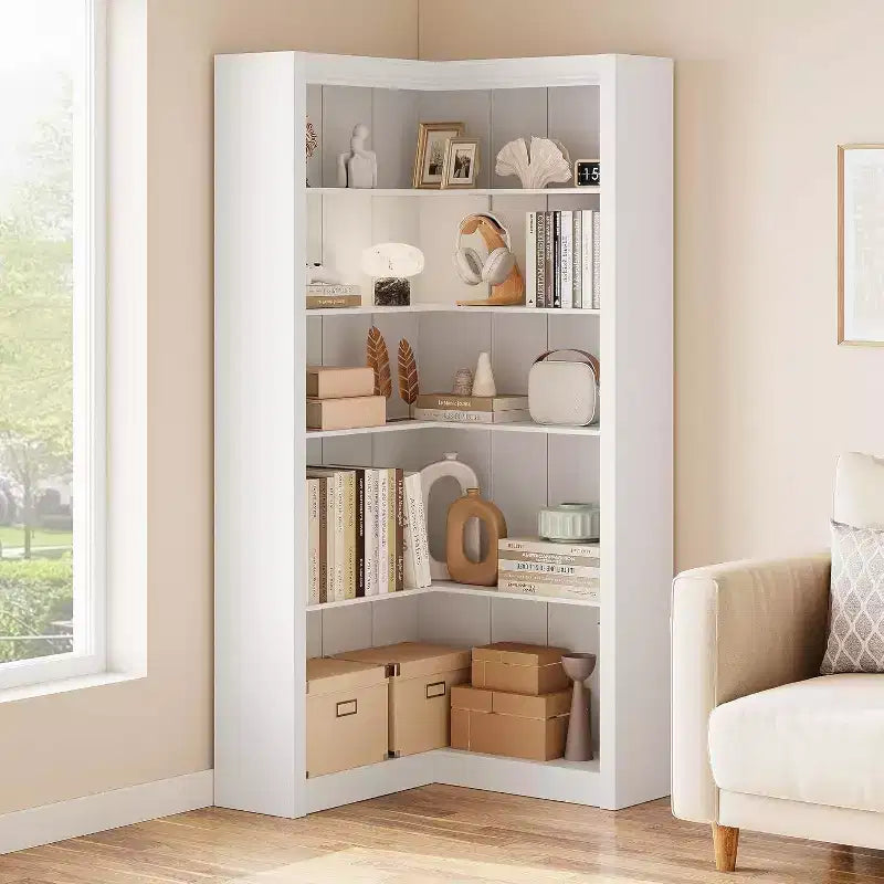 Libreria angolare a 5 ripiani a L Nera/Bianca/Legno, stile rustico, Uso singolo