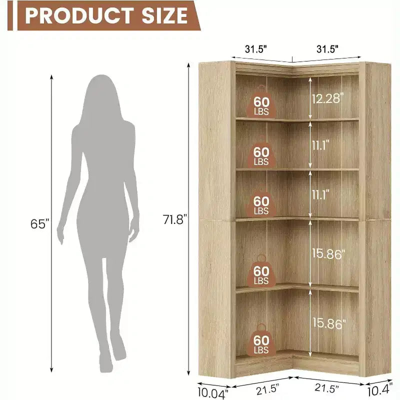 Libreria angolare a 5 ripiani a L Nera/Bianca/Legno, stile rustico, Uso singolo