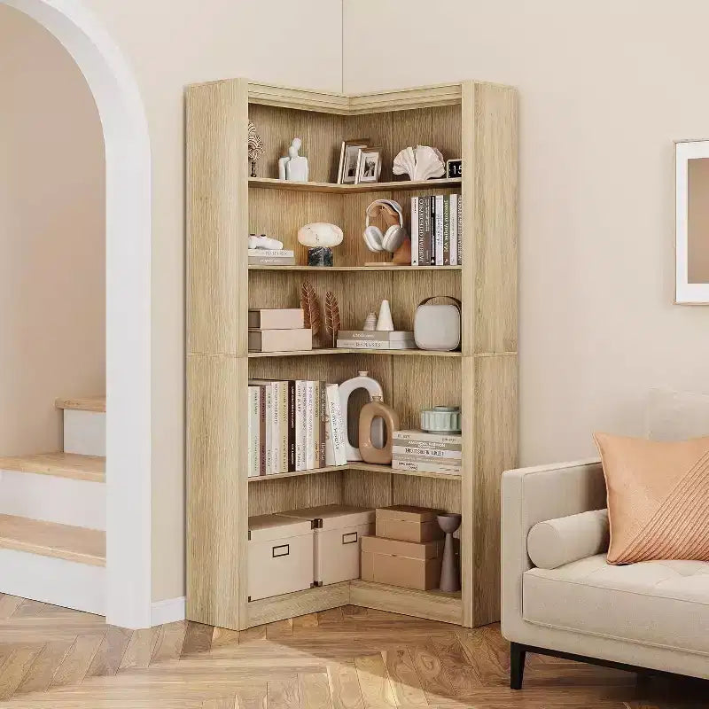 Libreria angolare a 5 ripiani a L Nera/Bianca/Legno, stile rustico, Uso singolo