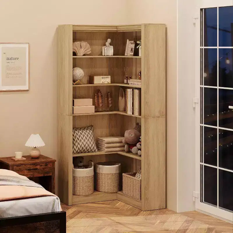 Libreria angolare a 5 ripiani a L Nera/Bianca/Legno, stile rustico, Uso singolo