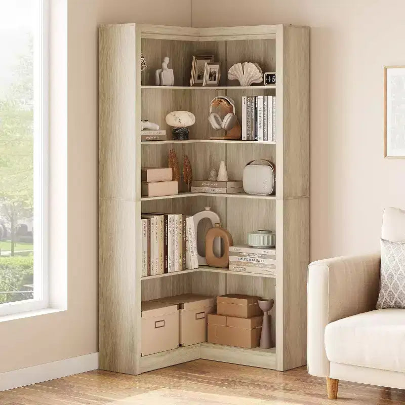 Libreria angolare a 5 ripiani a L Nera/Bianca/Legno, stile rustico, Uso singolo