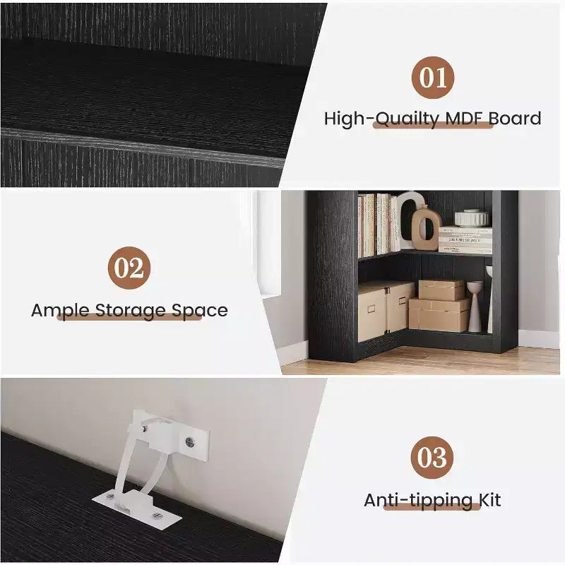 Libreria angolare a 5 ripiani a L Nera/Bianca/Legno, stile rustico, Uso singolo
