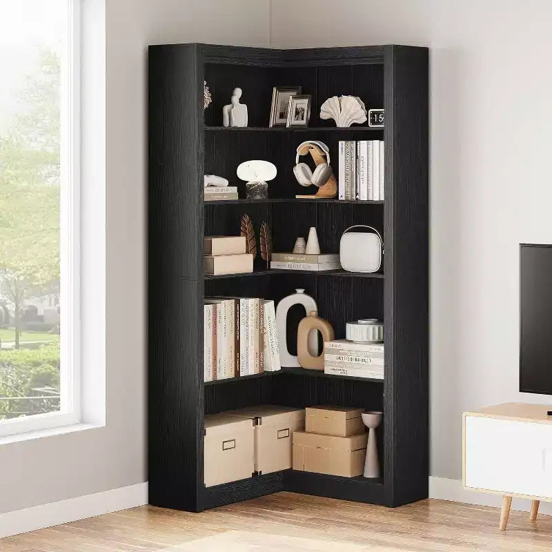 Black/White/Wood L-Shaped 5-Tier Corner Bookcase, Farmhouse Style, Single Use