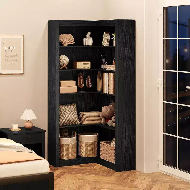 Libreria angolare a 5 ripiani a L Nera/Bianca/Legno, stile rustico, Uso singolo