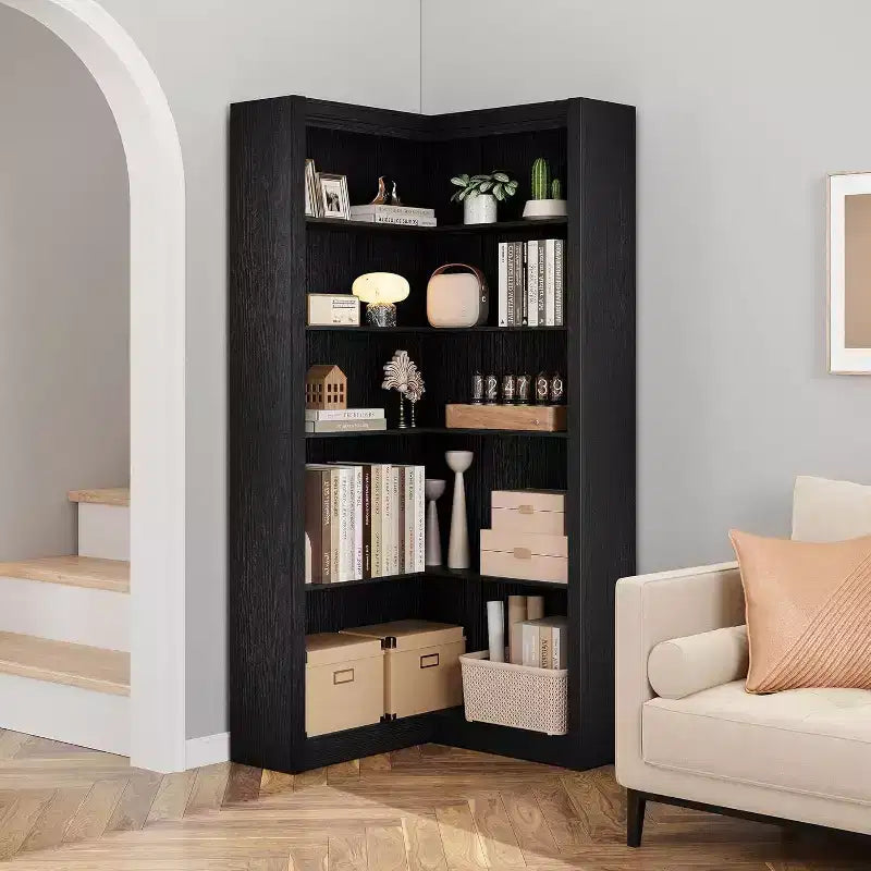 Libreria angolare a 5 ripiani a L Nera/Bianca/Legno, stile rustico, Uso singolo
