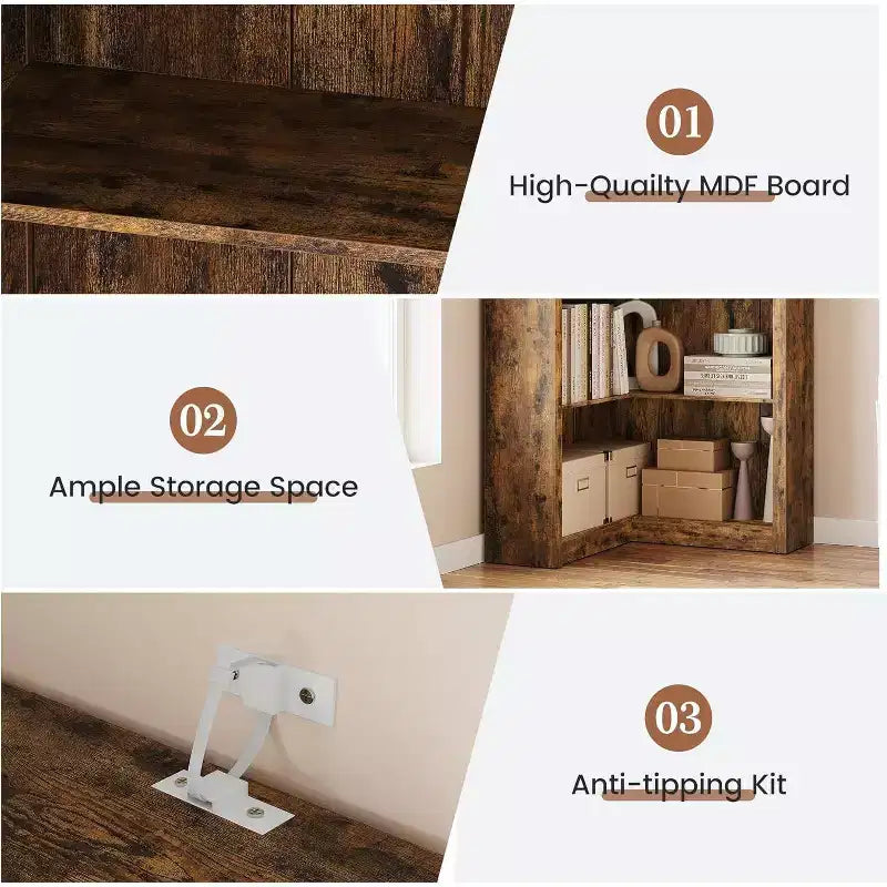 Libreria angolare a 5 ripiani a L Nera/Bianca/Legno, stile rustico, Uso singolo