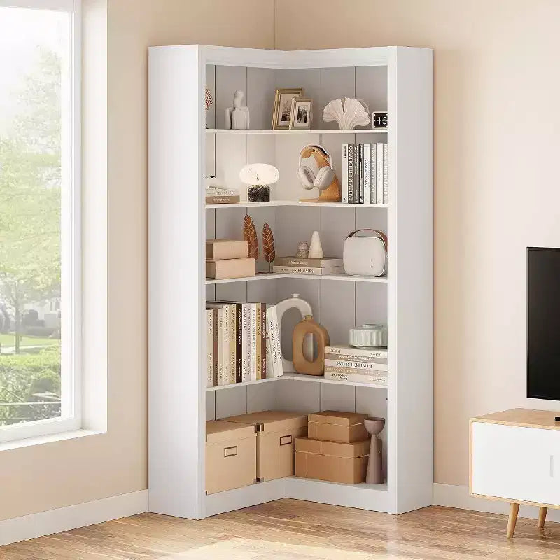 Libreria angolare a 5 ripiani a L Nera/Bianca/Legno, stile rustico, Uso singolo