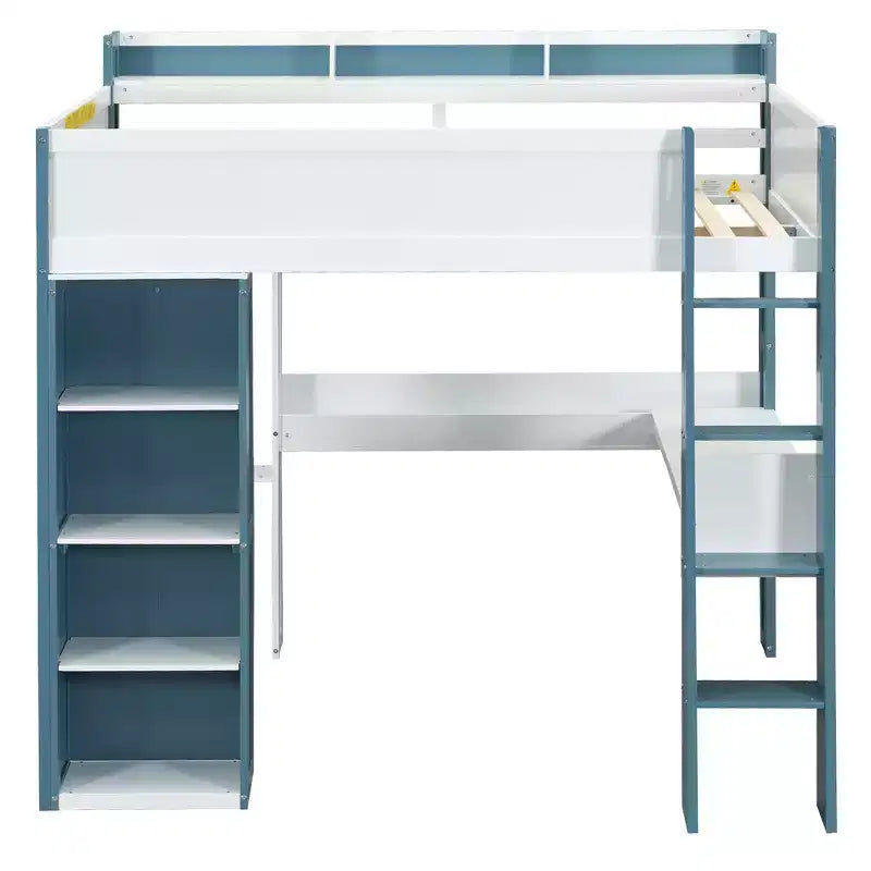 White Full Size Loft Bed with Desk, Wardrobe & Shelves, for 1 Person