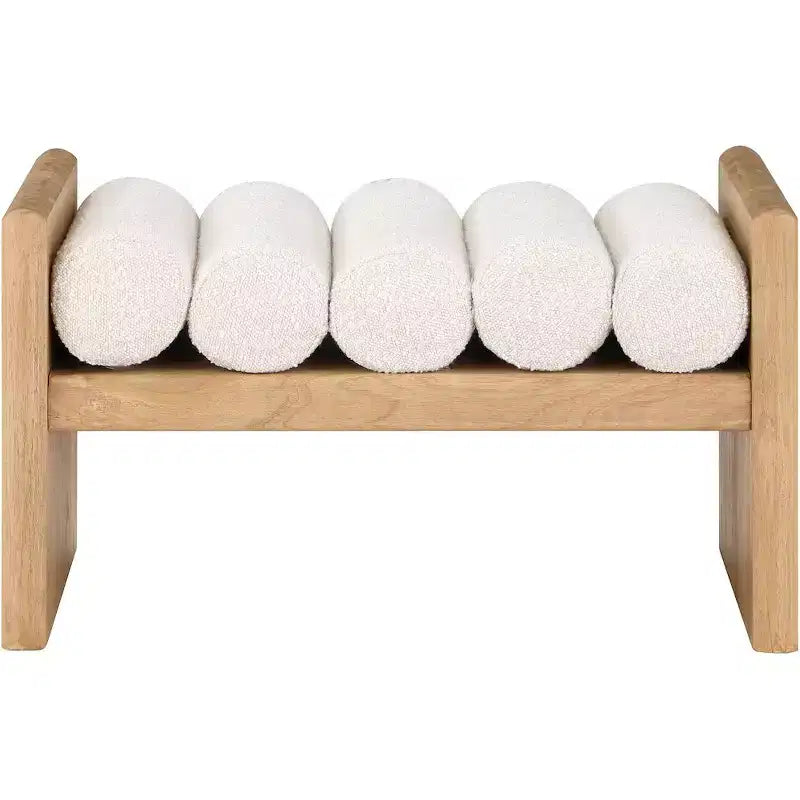 Panca 2 posti in tessuto bouclé nero/crema, gambe in legno naturale