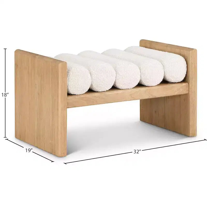 Panca 2 posti in tessuto bouclé nero/crema, gambe in legno naturale