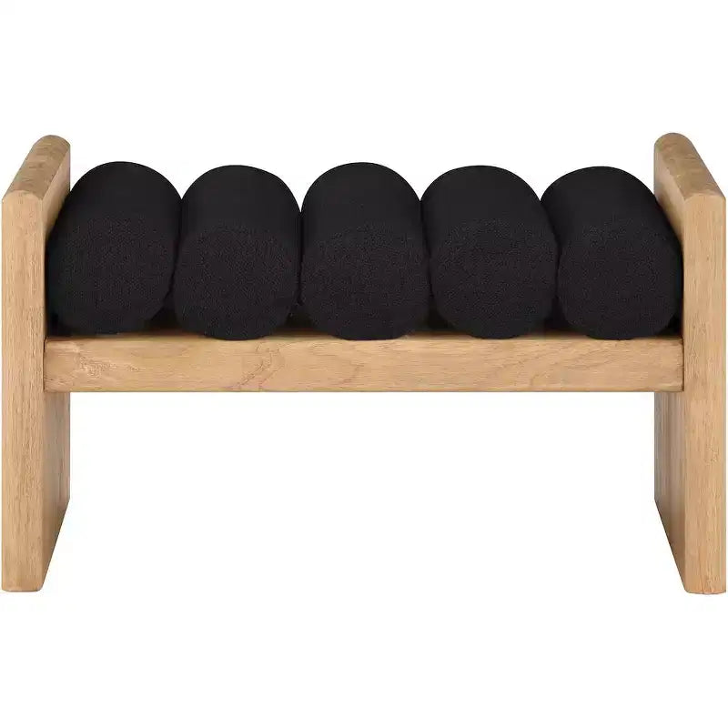 Panca 2 posti in tessuto bouclé nero/crema, gambe in legno naturale