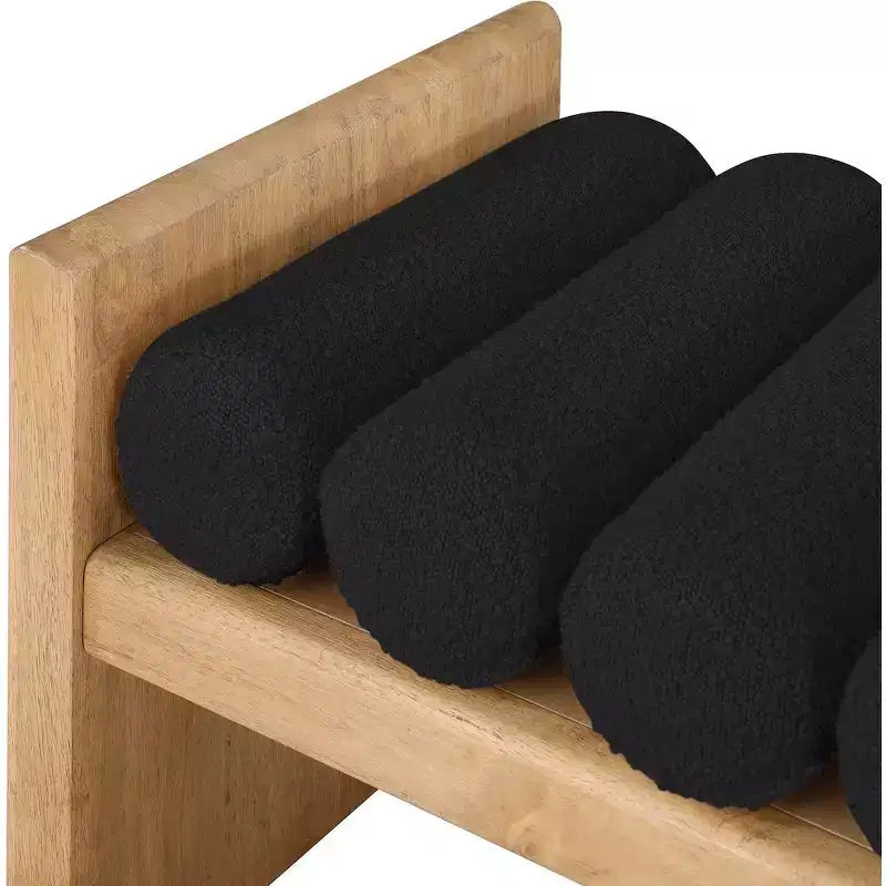 Black / Cream Boucle Fabric Bench, 2-Seat, Natural Wood Legs