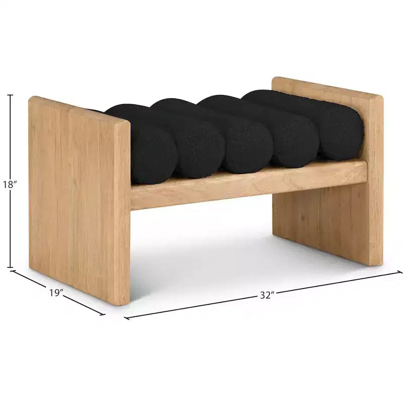 Panca 2 posti in tessuto bouclé nero/crema, gambe in legno naturale