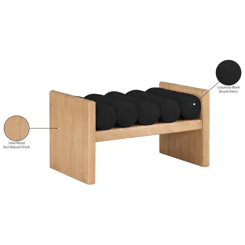 Panca 2 posti in tessuto bouclé nero/crema, gambe in legno naturale