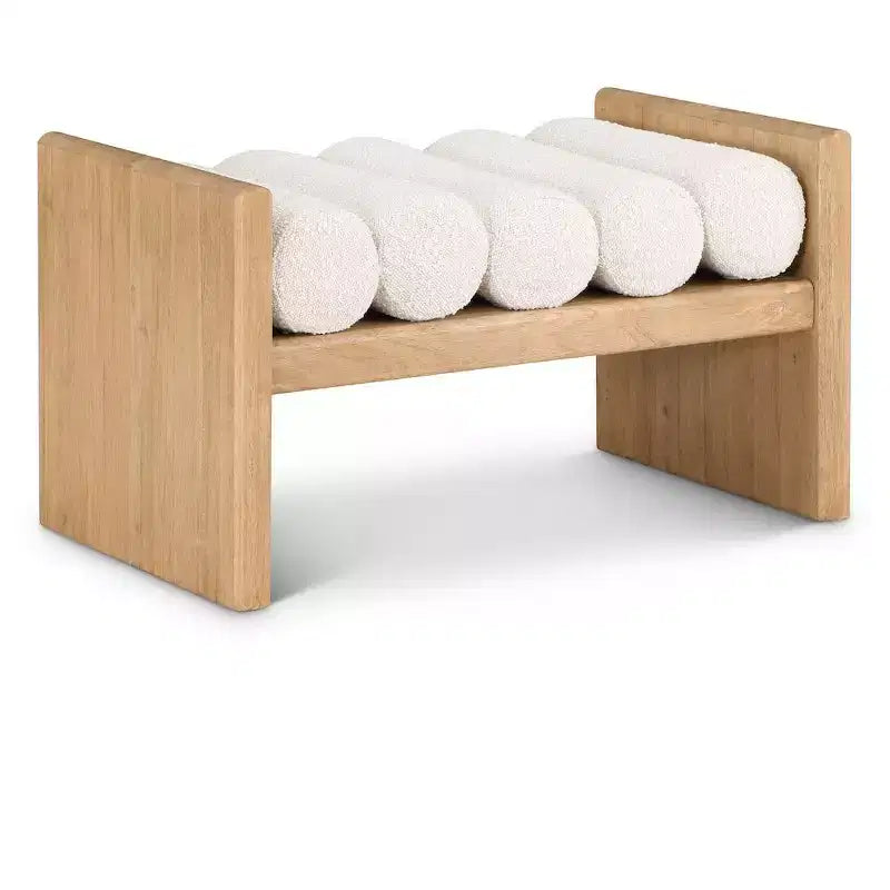 Black / Cream Boucle Fabric Bench, 2-Seat, Natural Wood Legs