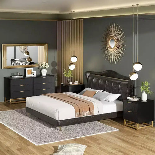 Comò a 6 cassetti, Stile Geometrico, Dettagli Dorati, Nero/Bianco/Grigio, Monouso