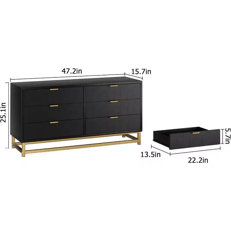 6-Drawer Dresser, Geometric Style, Gold Accents, Black/White/Gray, Single Use