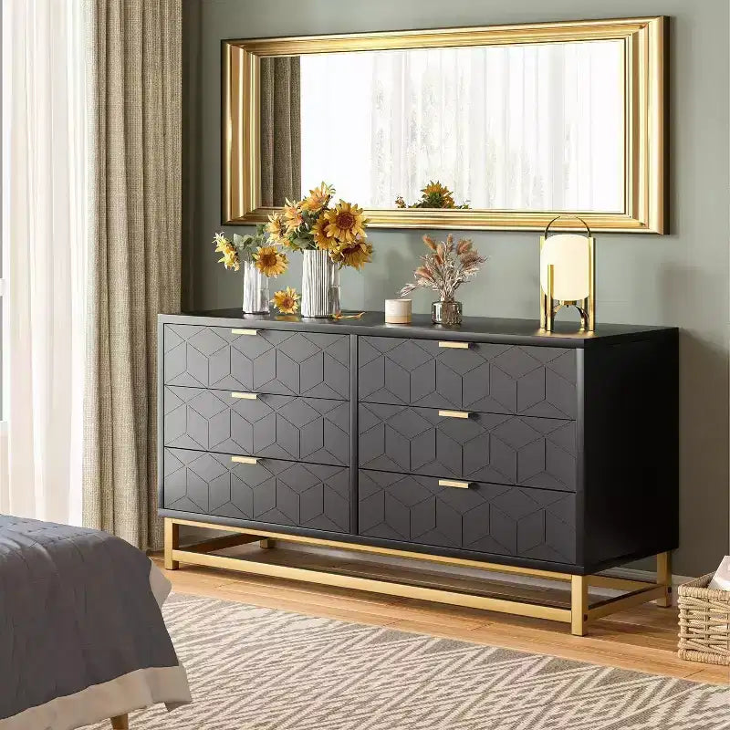 6-Drawer Dresser, Geometric Style, Gold Accents, Black/White/Gray, Single Use