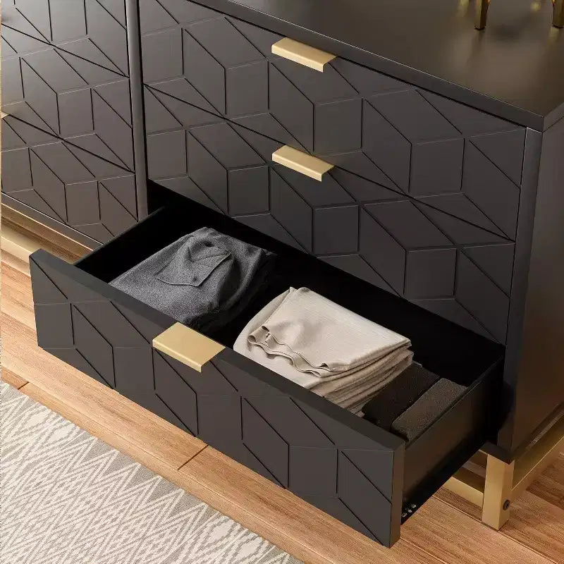 Comò a 6 cassetti, Stile Geometrico, Dettagli Dorati, Nero/Bianco/Grigio, Monouso