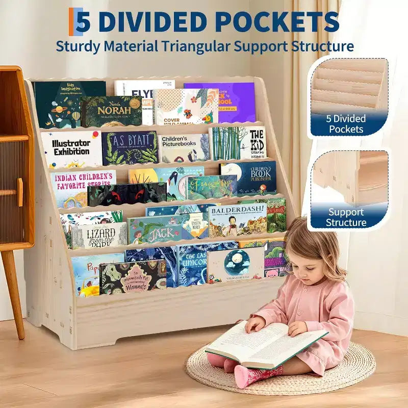 White 5-Tier Slanted Kids Bookshelf, Wood, for 1 Child