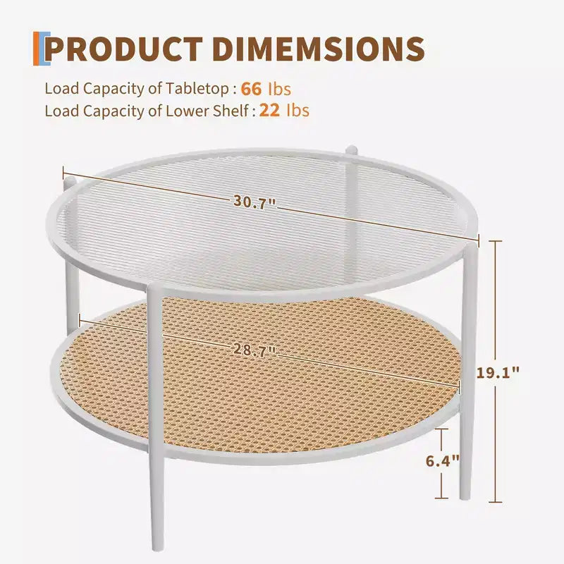 Tavolino da Caffè Rotondo a 2 Livelli Bianco e Nero, Piano in Vetro e Ripiano in Rattan, 76 cm