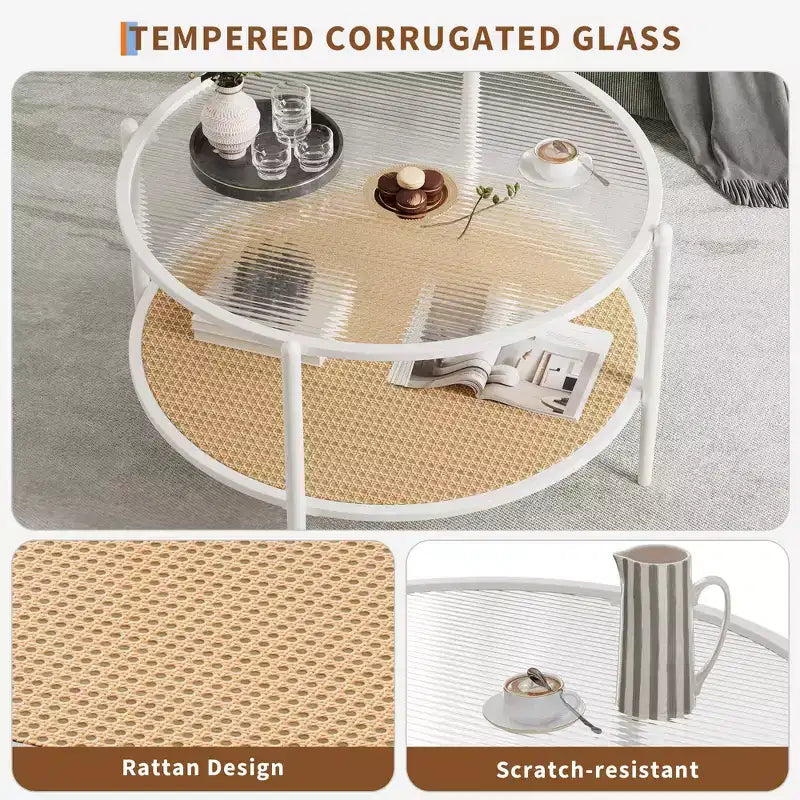 Tavolino da Caffè Rotondo a 2 Livelli Bianco e Nero, Piano in Vetro e Ripiano in Rattan, 76 cm