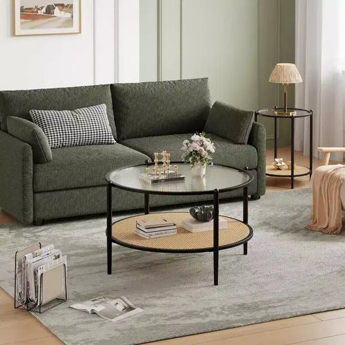 Tavolino da Caffè Rotondo a 2 Livelli Bianco e Nero, Piano in Vetro e Ripiano in Rattan, 76 cm