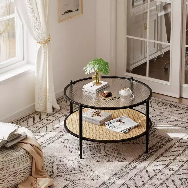 Black & White Round 2-Tier Coffee Table, Glass Top & Rattan Shelf, 30"