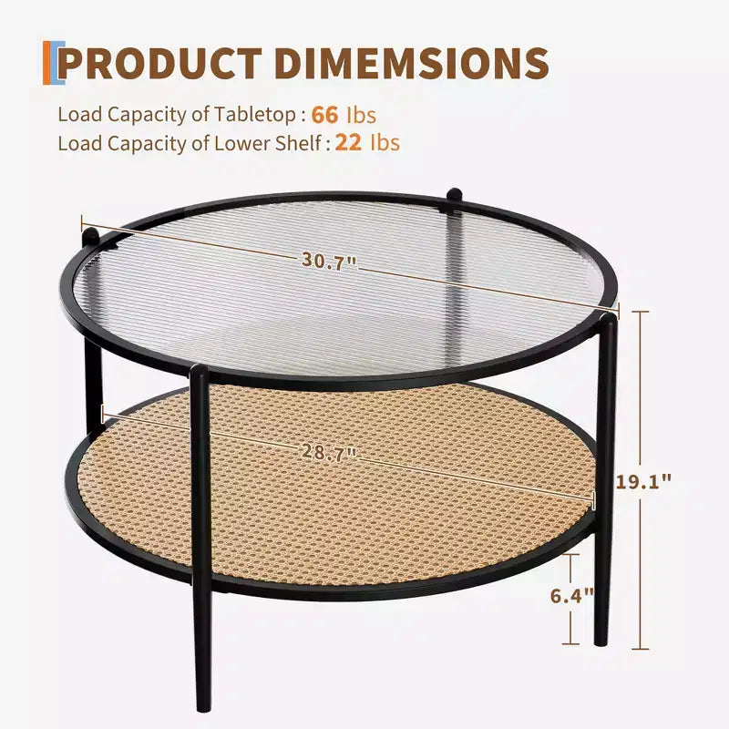Tavolino da Caffè Rotondo a 2 Livelli Bianco e Nero, Piano in Vetro e Ripiano in Rattan, 76 cm