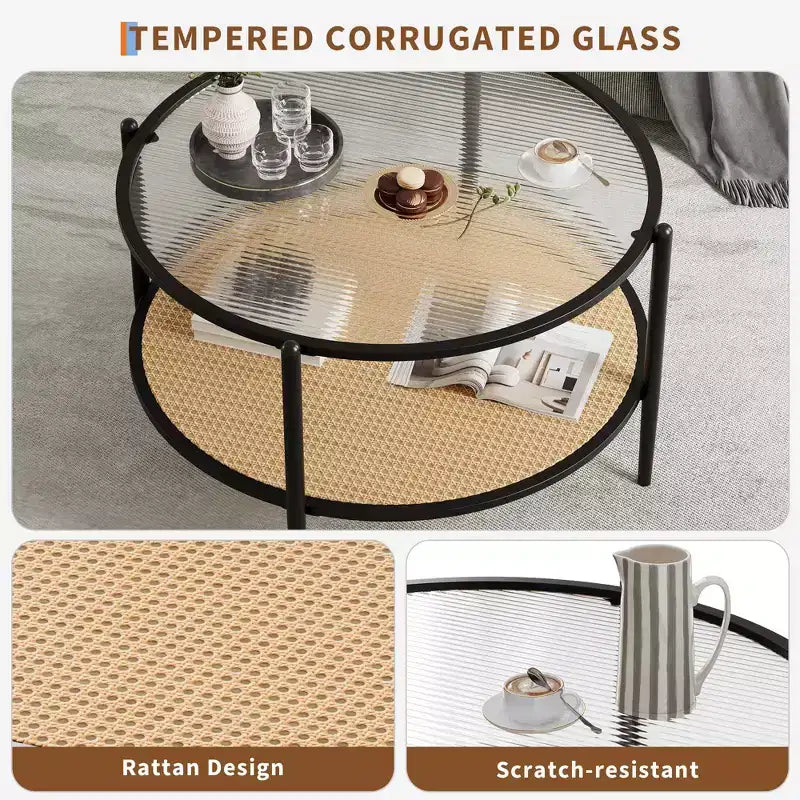 Black & White Round 2-Tier Coffee Table, Glass Top & Rattan Shelf, 30"