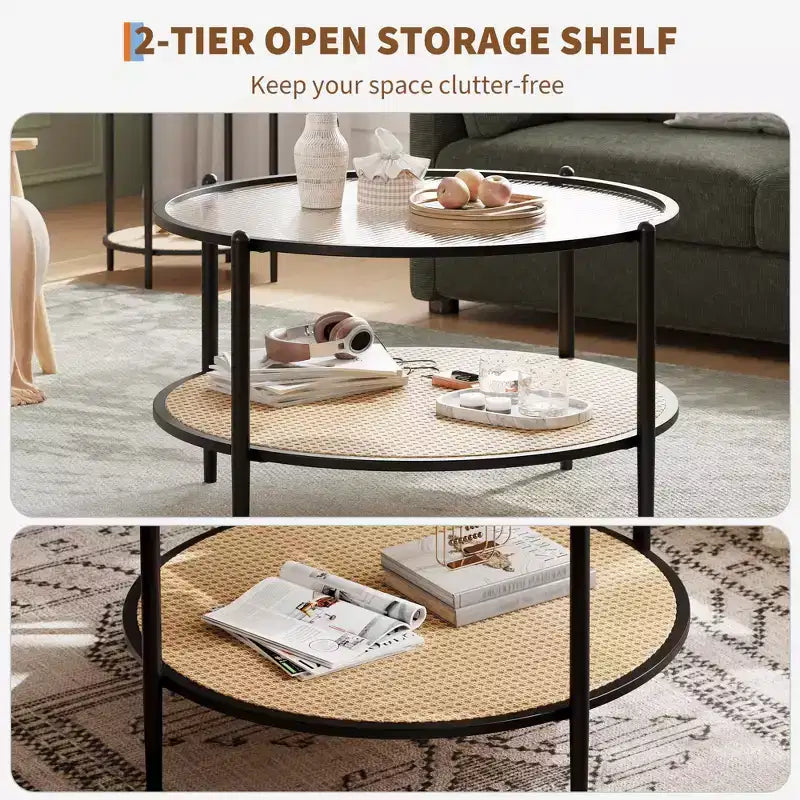 Tavolino da Caffè Rotondo a 2 Livelli Bianco e Nero, Piano in Vetro e Ripiano in Rattan, 76 cm