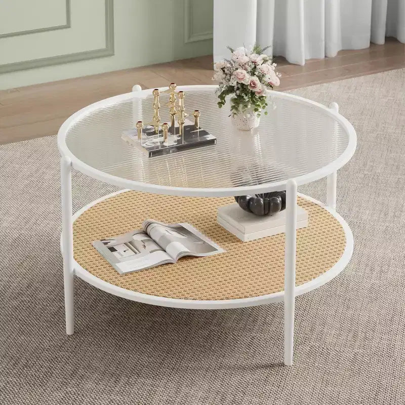 Black & White Round 2-Tier Coffee Table, Glass Top & Rattan Shelf, 30"