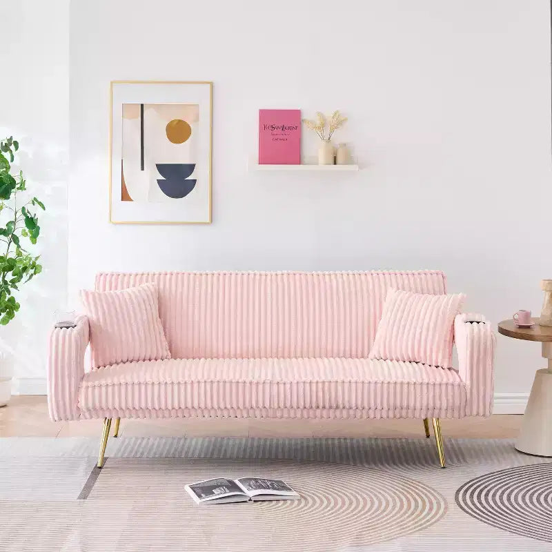 MAYEERTY Straight Corduroy Sofa Bed with Pillows Adjustable in The Three Levels for Use In Living Room Pink